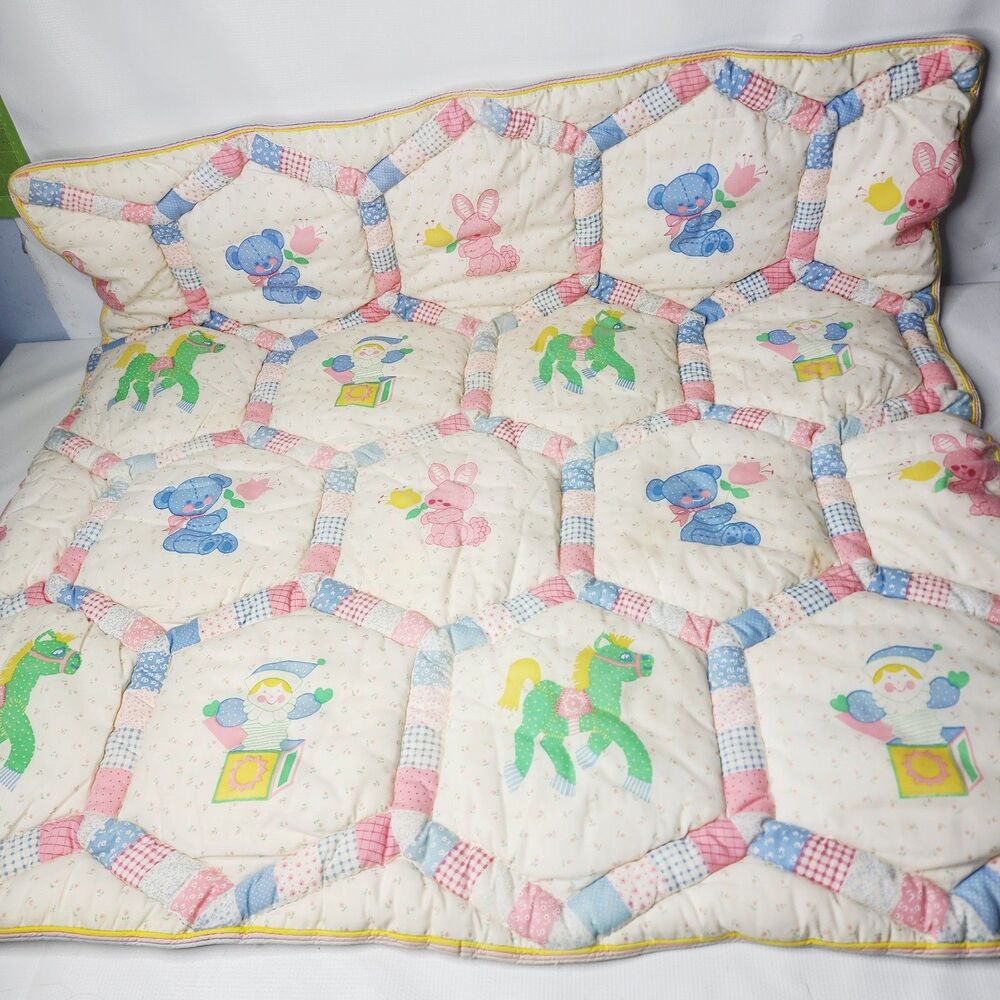 Vintage Teddy Bear Horse Jack in the Box Baby Quilt Blanket 39" x 39"